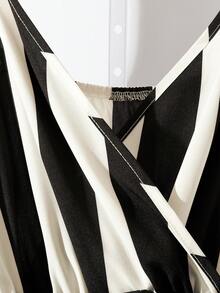 SHEIN Franclia 女士优雅通勤黑白条纹蝴蝶结腰带连体裤，春夏款 - 黑與白 - 查看 5