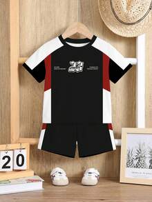 SHEIN 2pcs/Set Young Boy Casual Minimalist, Fashionable Classic, Y2K, Letter Print, Contrast Color, Style, Number 23, Sporty Vibe Loose Fit Comfortable Round Neck Short Sleeve T-Shirt And Shorts Set, Suitable For Spring/Summer - Multicolor - View 2