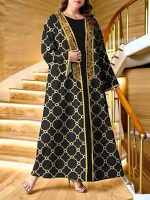 SHEIN Najma Áo khoác cardigan dài tay dáng rộng kiểu Abaya dành cho nữ cỡ lớn, họa tiết cỏ bốn lá và hoa văn cổ điển, thích hợp cho mùa xuân/thu. - Nhiều màu - Xem 3