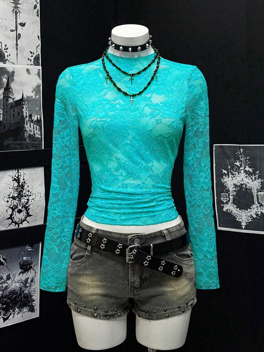 EgrlEra Áo kiểu ren co giãn họa tiết hoa mẫu đơn xuyên thấu gợi cảm dành cho nữ (Cắt ngẫu nhiên) - Màu xanh Bạc hà - Xem 1