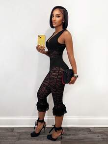 BamGleam 女士性感透视蕾丝深V领连体裤 - 黑色 - 查看 4