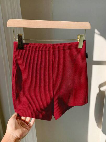 Comfortcana Women's Solid Color Elastic Waist Casual Ribbed Super Short Leggings