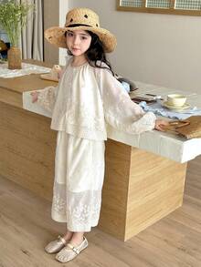 DAZY Tween Girl Floral Embroidery Round Neck Single-Breasted Lantern Sleeve Shirt And Wide Leg Pants Casual Outfit - Apricot - View 3