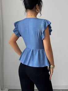 Elenzga New Stylish Linen French Casual Elegant Design Square Collar Waist Cinched Ruffle Hem Blouse, Versatile For Women In Summer - Dusty Blue - View 3