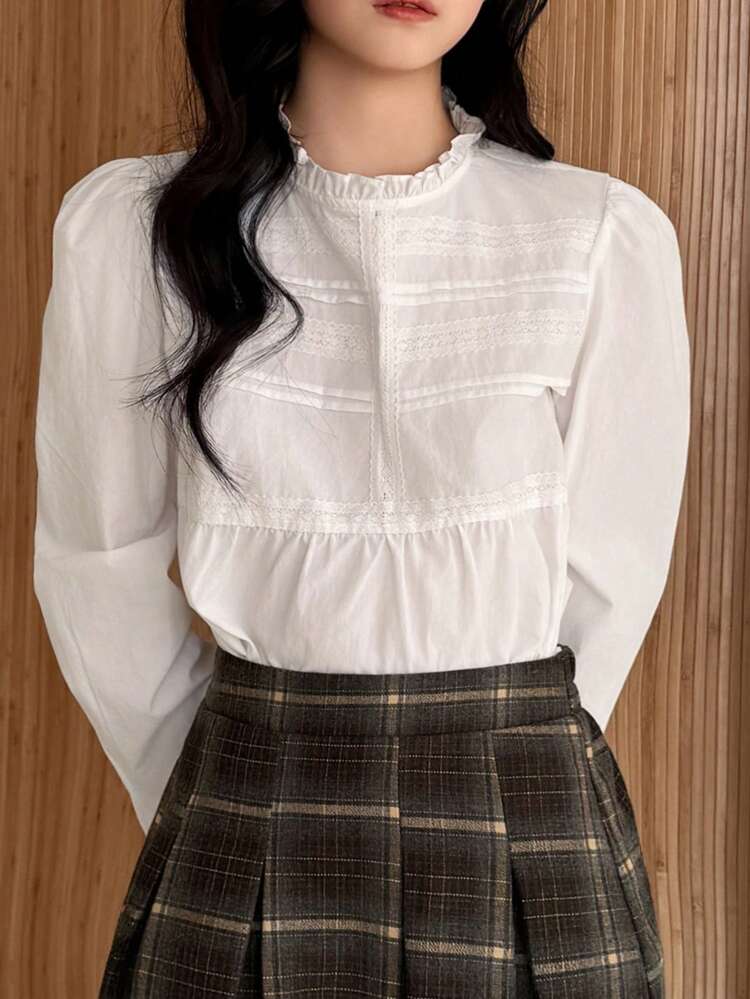 Tween Girl Plain Collar Ruffle Button Casual Long Sleeve Shirt Spring