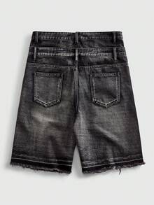 ROMWE MEN Street Life 男士休闲时尚做旧水钻牛仔短裤，带口袋 - 黑色 - 查看 2