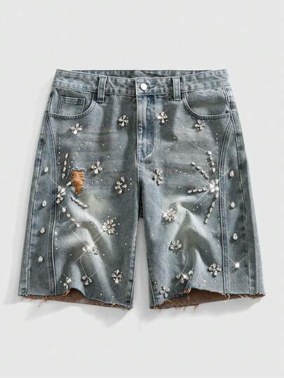 ROMWE MEN Men's Casual Distressed Denim Shorts With Pockets, Button & Rhinestone Decor