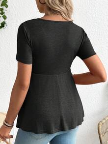 SHEIN Maternity Casual V-Neck Ruched Knot Front Short Sleeve Babydoll Top, Solid Color, Versatile For Daily Commute, Summer - Grey - View 2