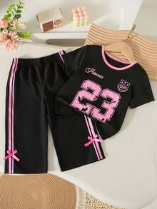 SHEIN 女婴夏季两件套套装 - 圆领短袖黑色上衣，印有英文数字，豹纹宽松裤，饰有蝴蝶结，适合2岁女童，男女宝宝套装，配套服装，街头风女童装 - 彩色 - 查看 5