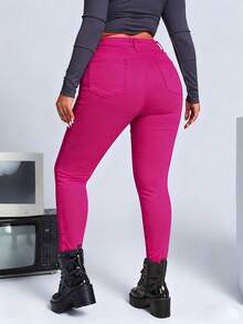 SHEIN ICON Plus Size Women High Waist Pockets Skinny Casual Versatile Denim Jeans - Hot Pink - View 2