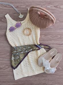 GlowEve Yellow Hollow Knit Camisole Dress For Women, Spring/Summer, Layerable Mid-Length Cover Up Knit Top - Yellow - View 6