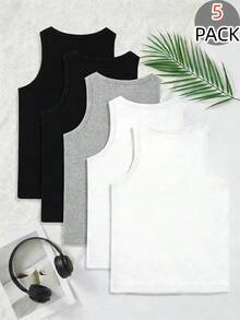 5-Pack Boys' Comfortable Casual Solid Color Sleeveless Crew Neck Undershirt Vest, Basic Essential, Suitable For All Seasons, Minimalist Design For Easy Matching, Stretchy Knit Fabric, Machine Washable Boys Sleeveless Tops - Multicolor - View 2