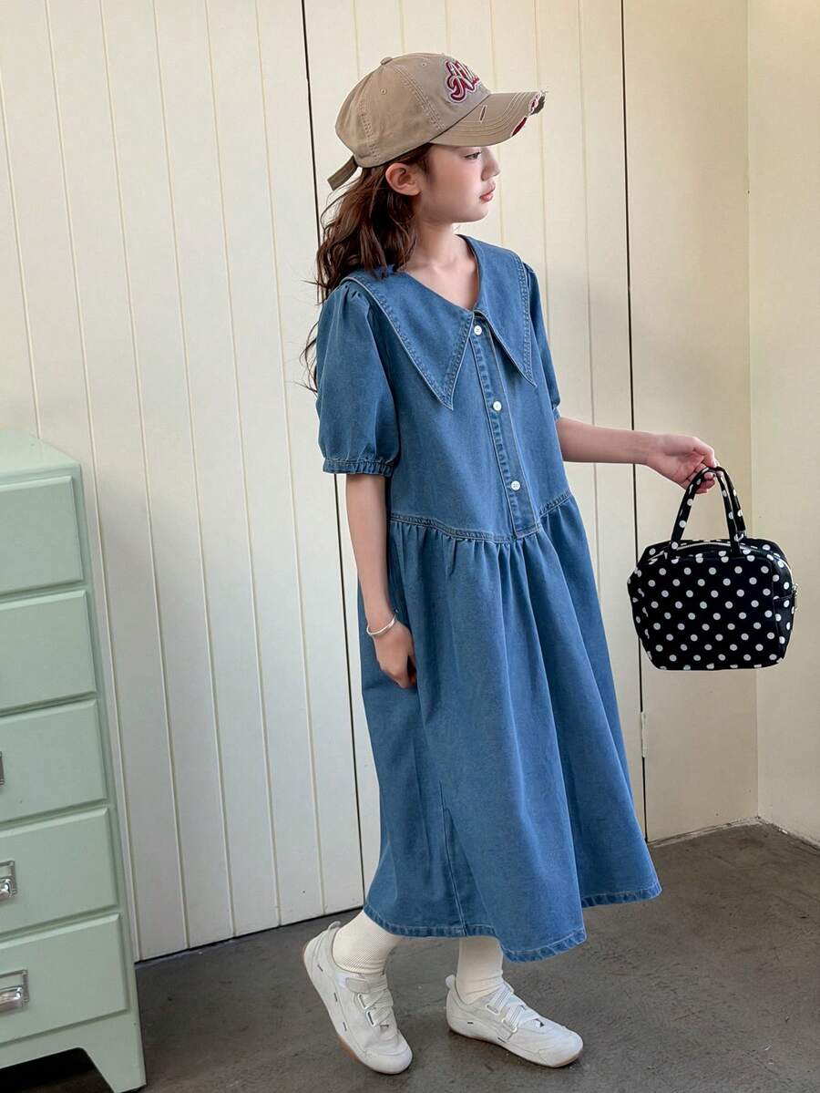 DAZY Đầm denim tay phồng cổ Peter Pan cho bé gái tuổi teen - Màu xanh lam - Xem 1