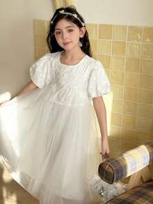 DAZY Tween Girl Floral Embroidery Pattern Mesh Patchwork Crew Neck Puff Sleeve Party Dress Summer - White - View 5