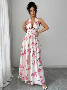 Elenzga Đầm thanh lịch in họa tiết hoa hồng màu hồng, cổ yếm, eo xếp ly, gấu váy xếp lớp. - Nhiều màu - Xem 5