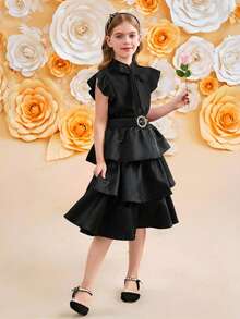 SHEIN Áo kiểu nữ tuổi teen, màu trơn, chất liệu dệt kim, viền bèo nhún, trang trí nơ lớn, kiểu dáng thanh lịch, phong cách nghỉ mát Pháp, thích hợp cho mùa tựu trường. - màu đen - Xem 6