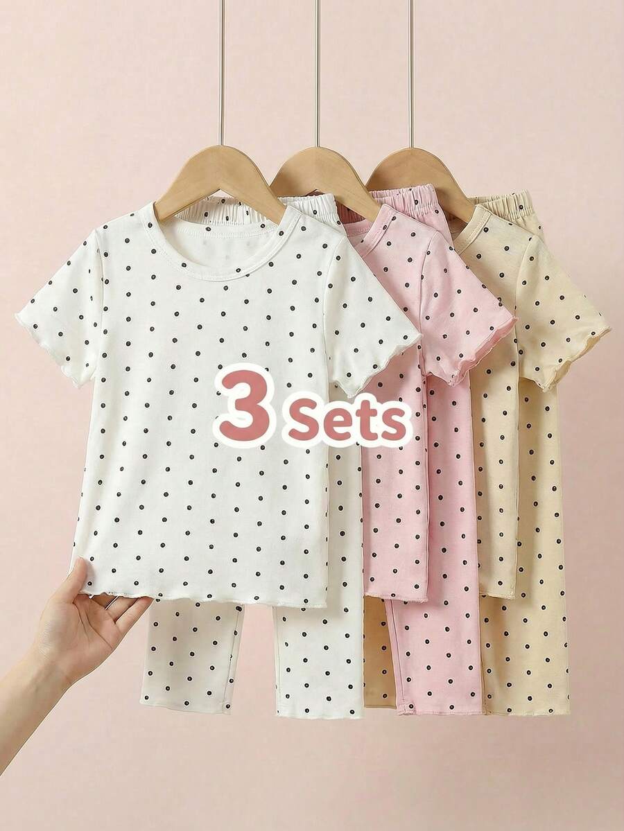 SHEIN Playful Pals 3件套女童夏季套装，女婴短袖波点休闲时尚套装 - 彩色 - 查看 1