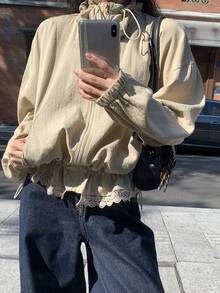 DAZY 女士休闲蕾丝拼接外套，时尚设计，春夏款 - 卡其色 - 查看 3