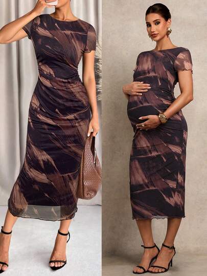 MaterniChic Maternity Elegant Floral Print Lettuce Trim Fitted Dress, Vacation Style For Summer Elegant Dresses For Party