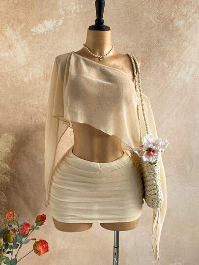 Soleia New Sexy Party Gold Sequin Sheer Asymmetric Shoulder Loose Asymmetrical Hem Top And Low Waist Ruched Mini Skirt Set, Bohemian, Boho, Vacation, Vintage, Holiday, Beach, Cruise