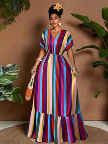 Eryvara 女士时尚彩色条纹V领短袖优雅长连衣裙，夏季 - 彩色 - 查看 3