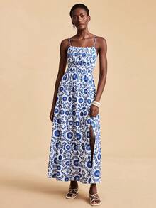 Travachic Women's Summer Bohemian Vacation Floral Print High Slit Waist Cinched Maxi Cami Dress - Multicolor - View 4