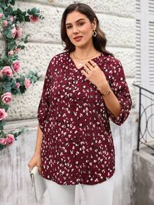 Miaspire 大码女式七分袖酒红色印花衬衫，适合早春和夏季穿着，花朵图案，度假风。 - 酒紅色 - 查看 6
