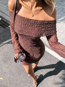 SHEIN PariChic 女士蕾丝露肩喇叭袖修身时尚连衣裙 - 咖啡 - 查看 7