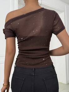 INAWLY Women's Solid Color Oblique Shoulder Short Sleeve Fashionable Elegant 3D Floral Decor Fitted Summer T-Shirt - Brown - View 2