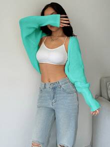 SHEIN Unity Women's Solid Color Short Casual Cropped Cardigan - Green - View 4