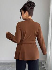 EMERY ROSE Plus Size Casual Solid Color Asymmetric Hem Jacket, Autumn - Brown - View 2