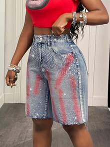 Slaydiva Quần short denim nữ mới, cạp thấp, dáng rộng, rách 5 điểm, kiểu Bermuda, họa tiết hình thoi / Quần short denim màu xanh nhạt / Trang phục nữ mùa thu / Trở lại trường học / Trang phục đồng quê nữ / Trang phục đi xem hòa nhạc đồng quê / Trang phục nữ cổ điển / Trang phục đi chơi / Trang phục sân bay nữ / Trang phục đường phố nữ / Trang phục nữ phong cách Y2K - Rửa trung bình - Xem 6