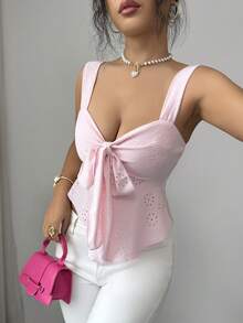 SHEIN Elenzya Women's Sweet Romantic Vacation Camisole, Pink Textured Knit Sleeveless Top Cute Tops Bow Tops For Women Baby Pink Top Women's Vest Tops Yacht Outfit Women - Pink - View 4