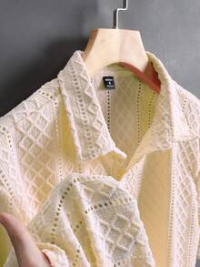 Manfinity Homme Men's Summer Casual Vacation Solid Color Textured Front Button Short Sleeve Shirt Cream Button Up Men Men's Shirt - Baby Pink - View 5
