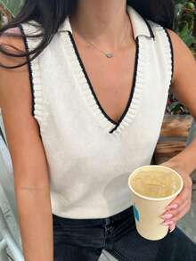 INAWLY Women's Contrast Trim Sleeveless Casual Knit Top - Multicolor - View 1