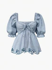 Selianne Women's Striped Tie Design Pleated Floral Hollow Out Pattern Fashionable Versatile Blouse - Blue - View 3