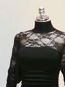 SHEIN ICON 大码女式时尚蕾丝拼接荷叶边迷你连衣裙 - 黑色 - 查看 4
