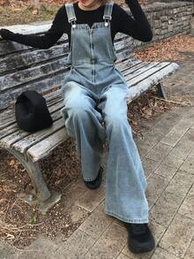 FRIFUL 女士休闲日常通勤时尚街头宽松阔腿牛仔连体裤 - 藍色 - 查看 5