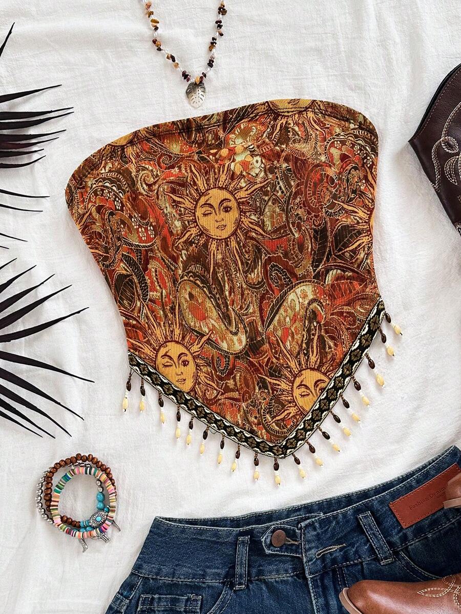 Soleia Atasan Bandeau Rajut Motif Matahari Patchwork Manik-manik Rantai untuk Liburan Wanita Ukuran Plus, Cocok untuk Pesta Natal, Kencan, Klub Malam, Pantai, Pelayaran, Liburan, Minum Teh Sore, Gaya Bohemian, Boho, Liburan, Pakaian Wanita Musim Gugur, Vintage - Jeruk - View 1