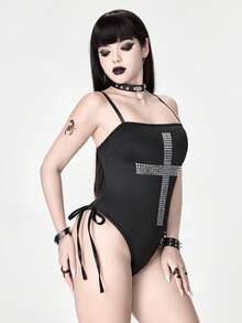 ROMWE Goth Women's Sexy Criss-Cross Rhinestone Decor Side Lace-Up Bodysuit - Black - View 2