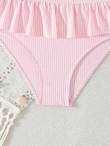 SHEIN Tween Girls Bikini Sets, Blue & White Striped Cute Ruffled Asymmetric Shoulder Adjustable Strap Ruffled Trim Triangle Swimsuit 2-Piece Swimwear Set - Pink - View 6