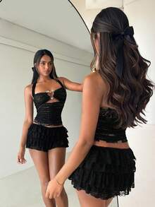 Aloruh 女士浪漫情人节优雅心形金属扣蕾丝吊带背心，情人节外出上衣，性感上衣，夜店派对上衣 - 黑色 - 查看 4
