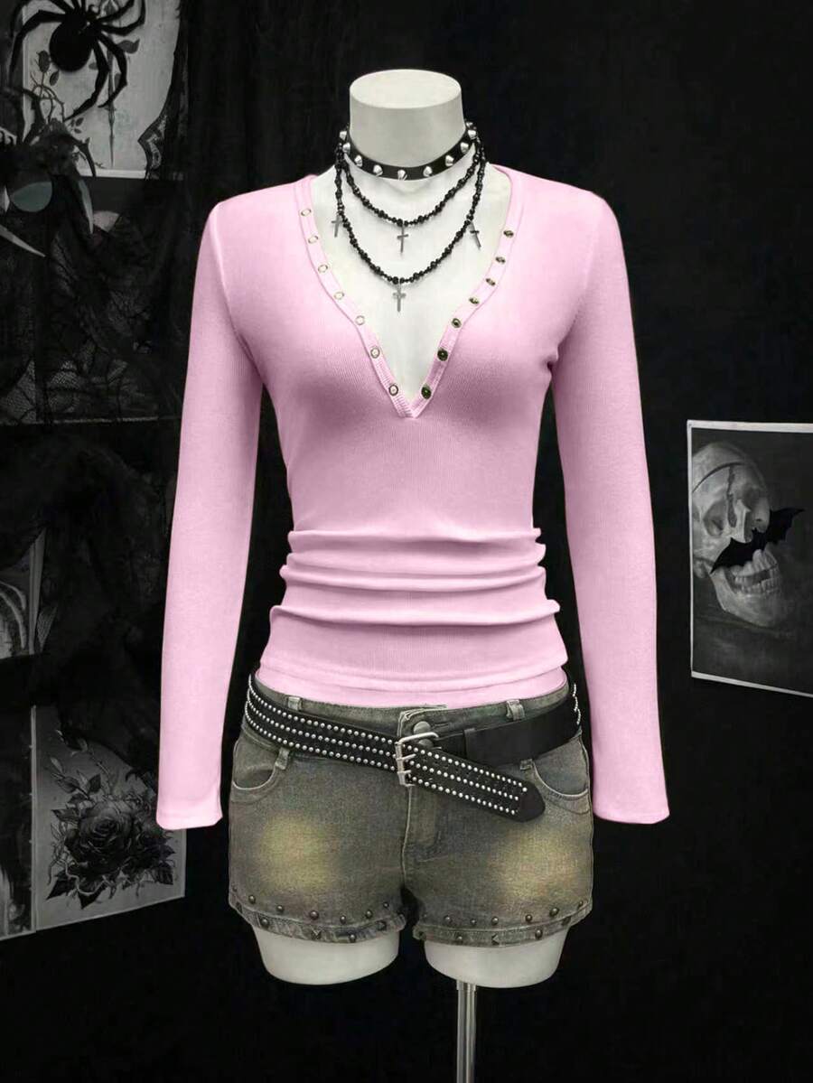 SHEIN Unity 女士性感深V领罗纹T恤,黑色,秋冬款 - 粉色 - 查看 1