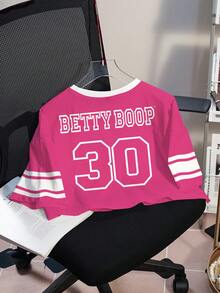 Betty Boop x SHEIN 女式休闲拼色卡通图案圆领短袖T恤，夏季 - 白色 - 查看 2