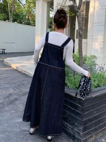 Dazy Plus Plus Size Women Loose Casual Strap Straight Hem Slit Maxi Denim Dress, Sleeveless - Dark Wash - View 7