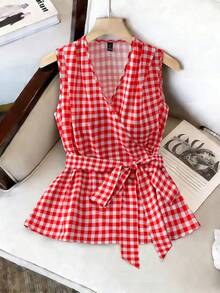 GlowEve Women's Sleeveless Wrap-Style Plaid Casual Shirt - Red - View 1