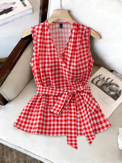GlowEve Women's Sleeveless Wrap-Style Plaid Casual Shirt