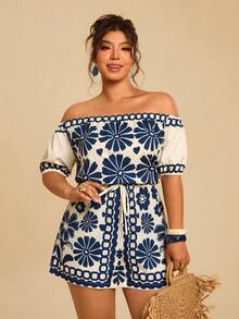 Travachic 大码女式蓝白碎花短款连体裤，露肩短袖收腰连体裤，休闲度假连体裤 - 藍白色 - 查看 6