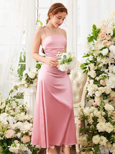 SHEIN Pink Spaghetti Strap Waist Pleated Long Form-Fitting Shiny Elastic Teen Girl Bridesmaid Wedding Dress