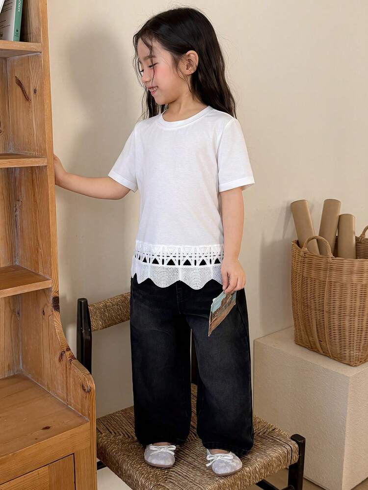 Young Girl Round Neck Hollow-Out Patchwork Casual Versatile Daily Wear Short Sleeve T-Shirt